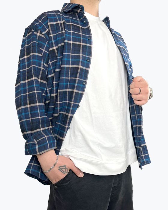 بلوز آستین بلند پشمی چهارخونه مردانه KOREA